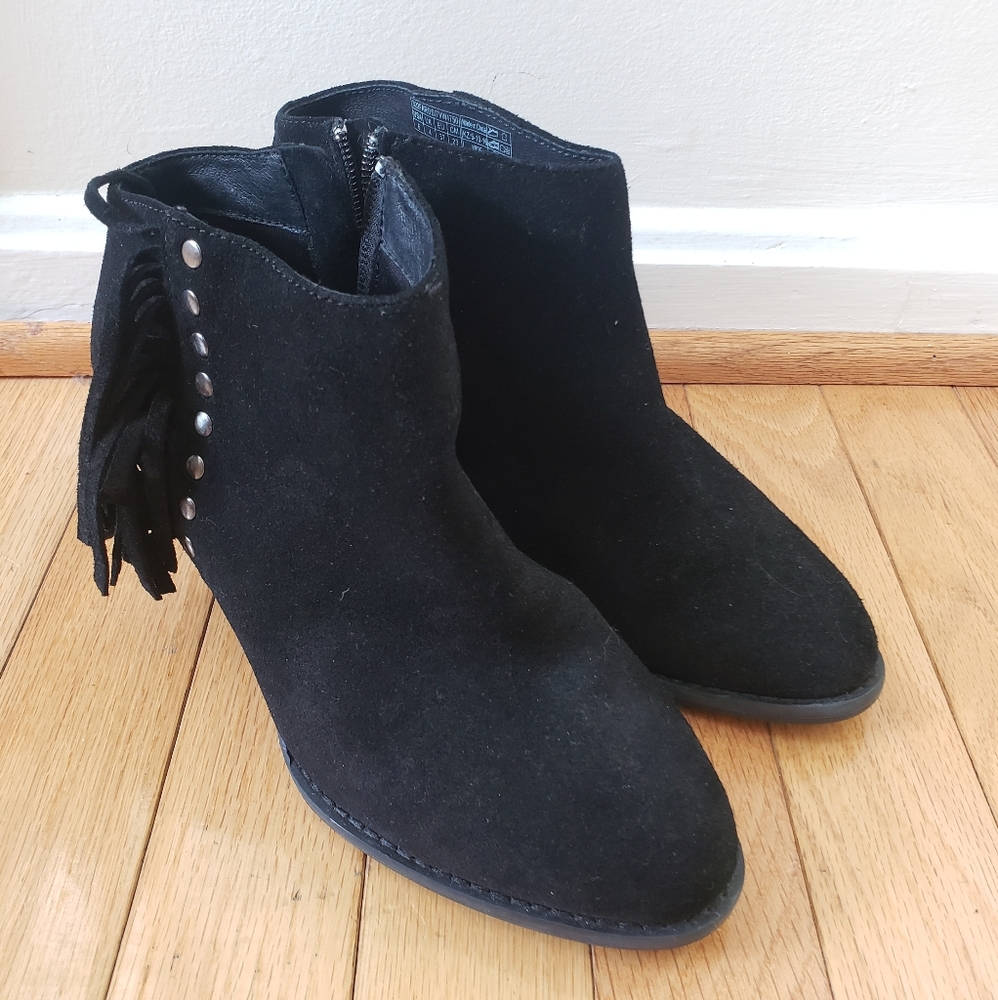 Vionic Faros Womens Boots 6 Wide 6W Western Fringe Studded Heel Suede Festival